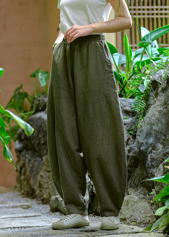 Simple Yellow Pockets Elastic Waist Linen Pants Summer