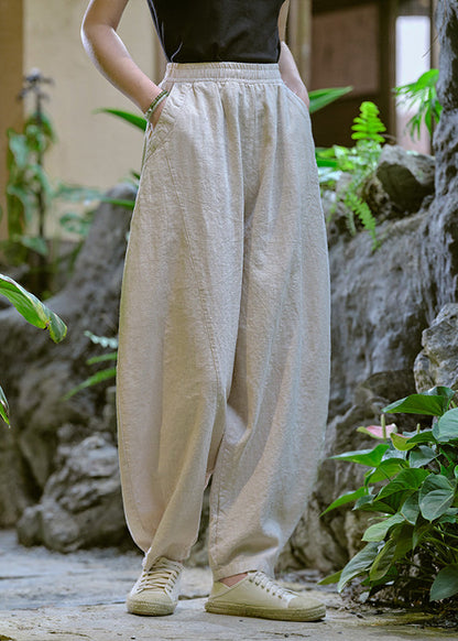 Simple Yellow Pockets Elastic Waist Linen Pants Summer