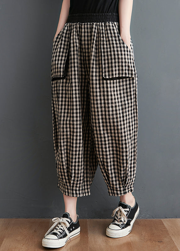 Small Plaid Pockets Elastic Waist Cotton Crop Pants Summer