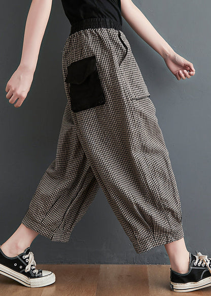 Small Plaid Pockets Elastic Waist Cotton Crop Pants Summer