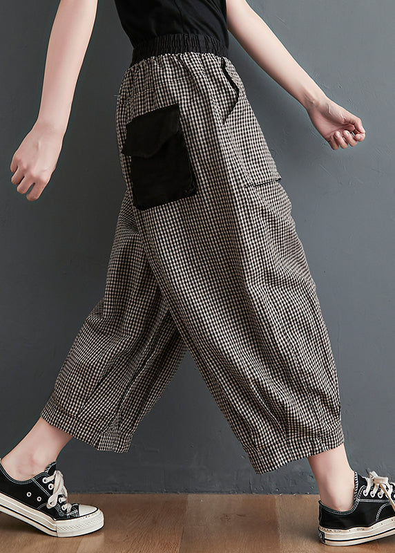 Small Plaid Pockets Elastic Waist Cotton Crop Pants Summer