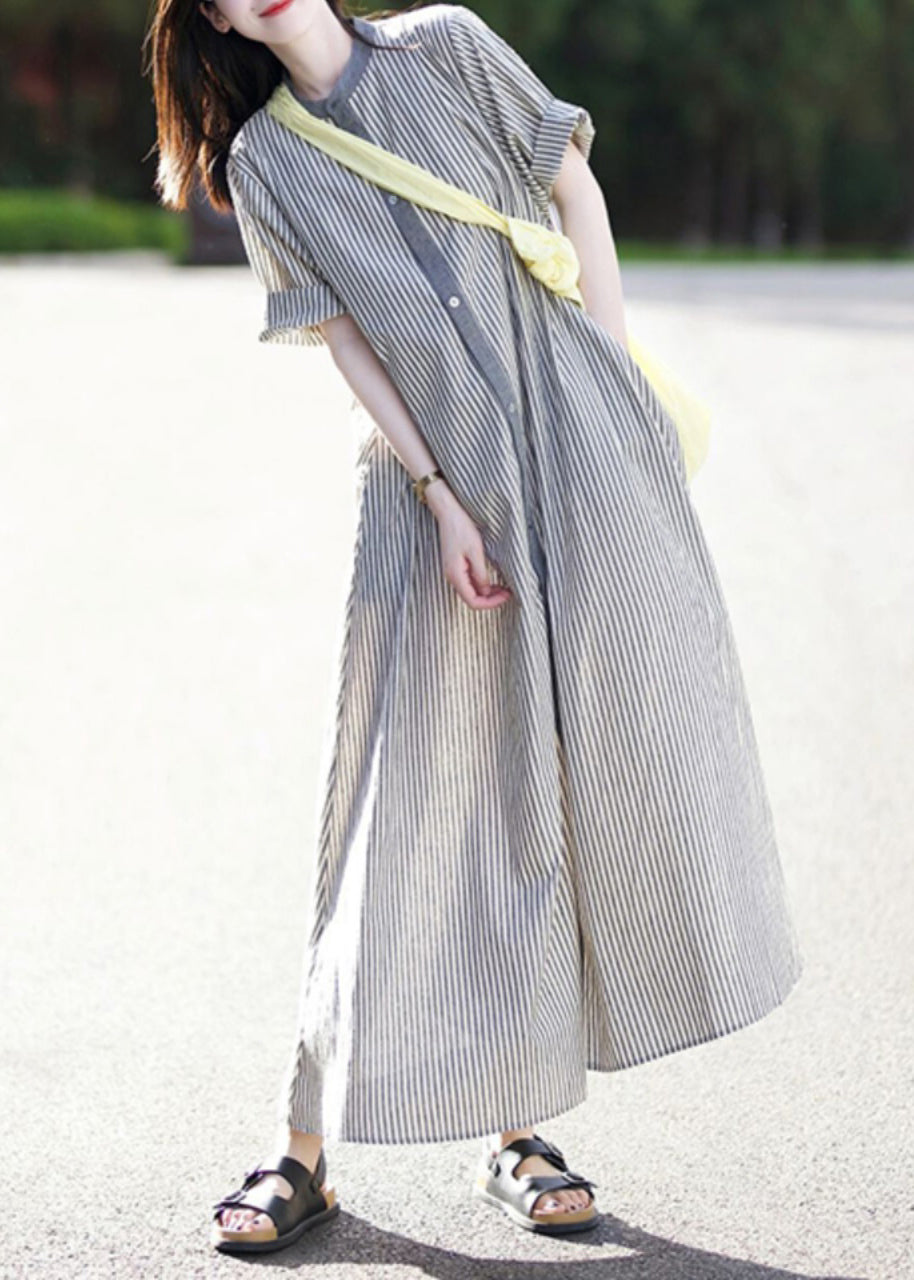 Stand Collar Striped Button Cotton Shirts Dress Summer
