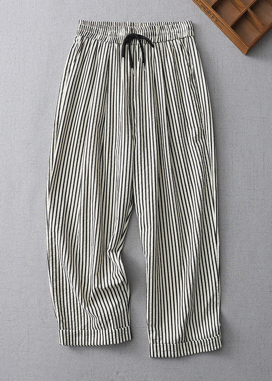 Striped Lace Up Elastic Waist Cotton Crop Pants Summer