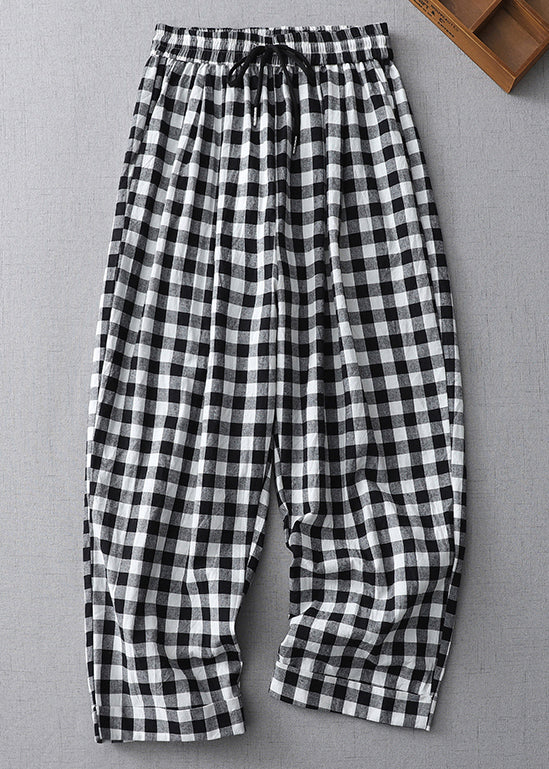 Striped Lace Up Elastic Waist Cotton Crop Pants Summer