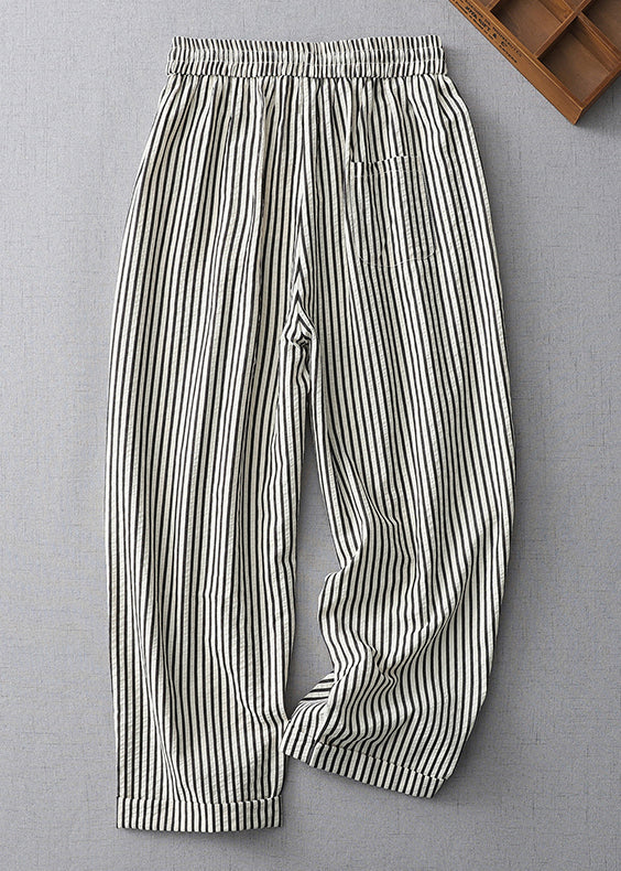 Striped Lace Up Elastic Waist Cotton Crop Pants Summer