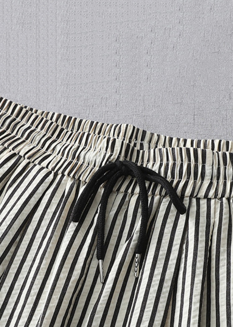 Striped Lace Up Elastic Waist Cotton Crop Pants Summer