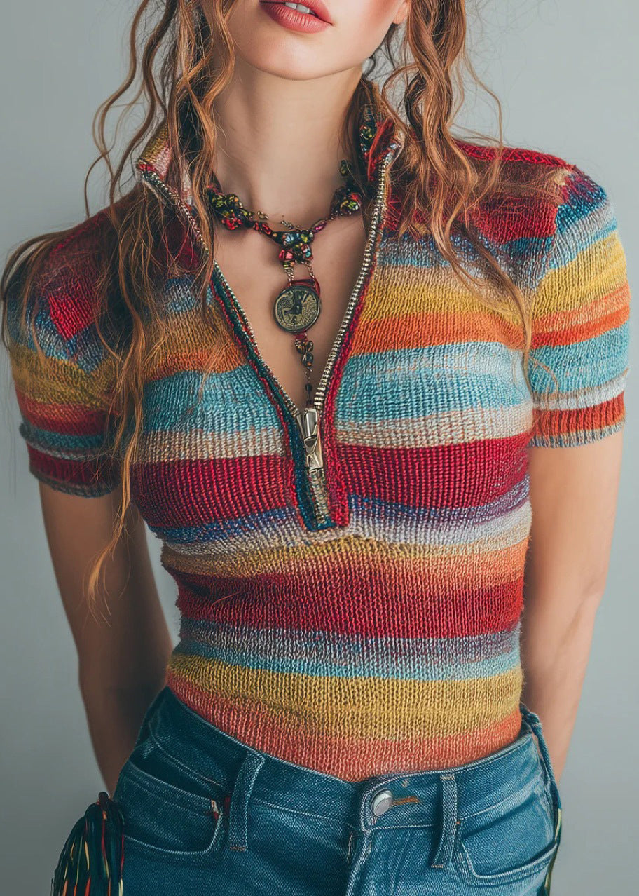 Striped Zip Up Patchwork Knit Blouses Short Sleeve