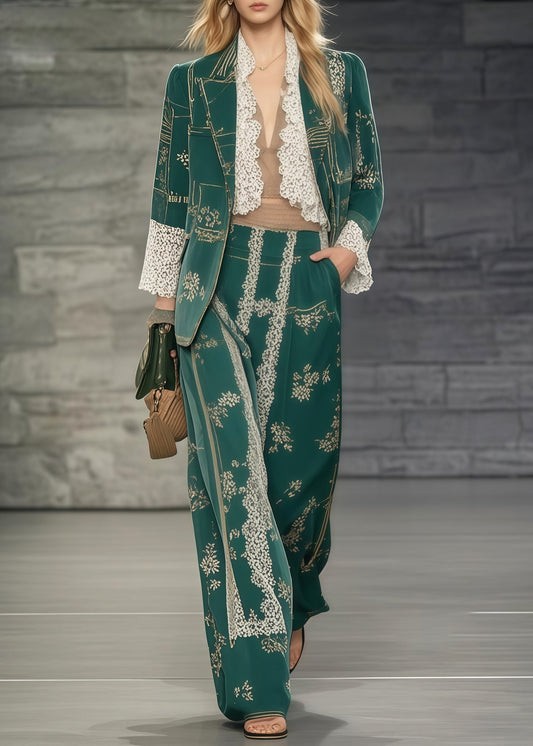 Tea Green Print Patchwork Lace Two Pieces Set Oversized Spring