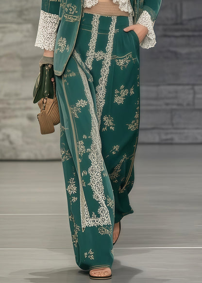 Tea Green Print Patchwork Lace Two Pieces Set Oversized Spring