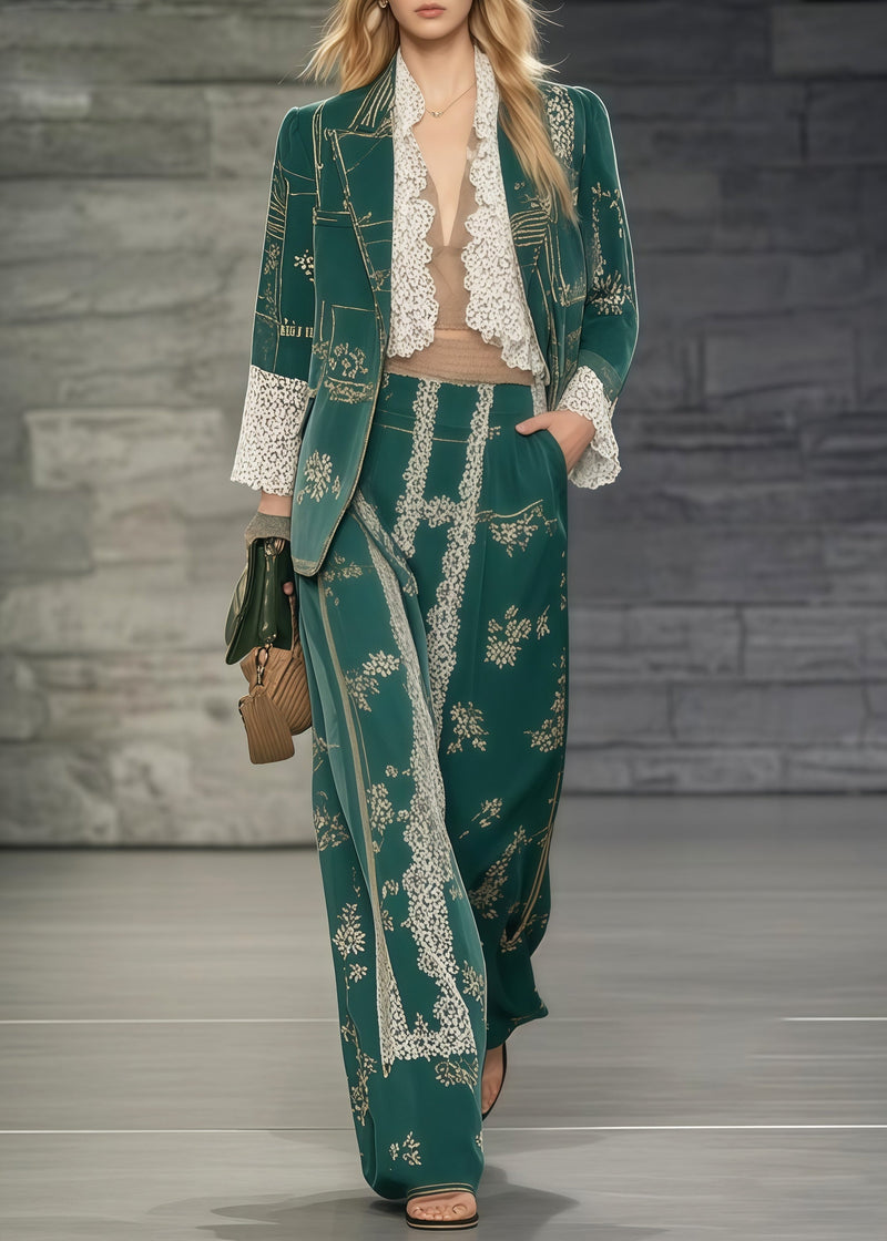 Tea Green Print Patchwork Lace Two Pieces Set Oversized Spring