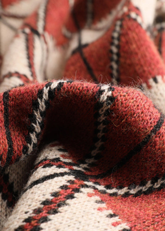 Turtleneck Plaid Patchwork Knit Sweater Long Sleeve