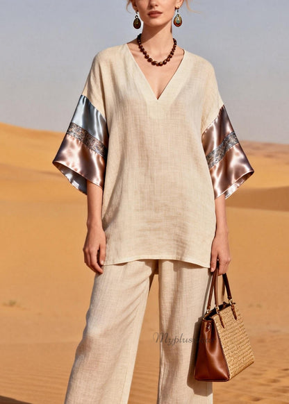 V Neck Patchwork Linen Silk Sets 2 Pieces Summer
