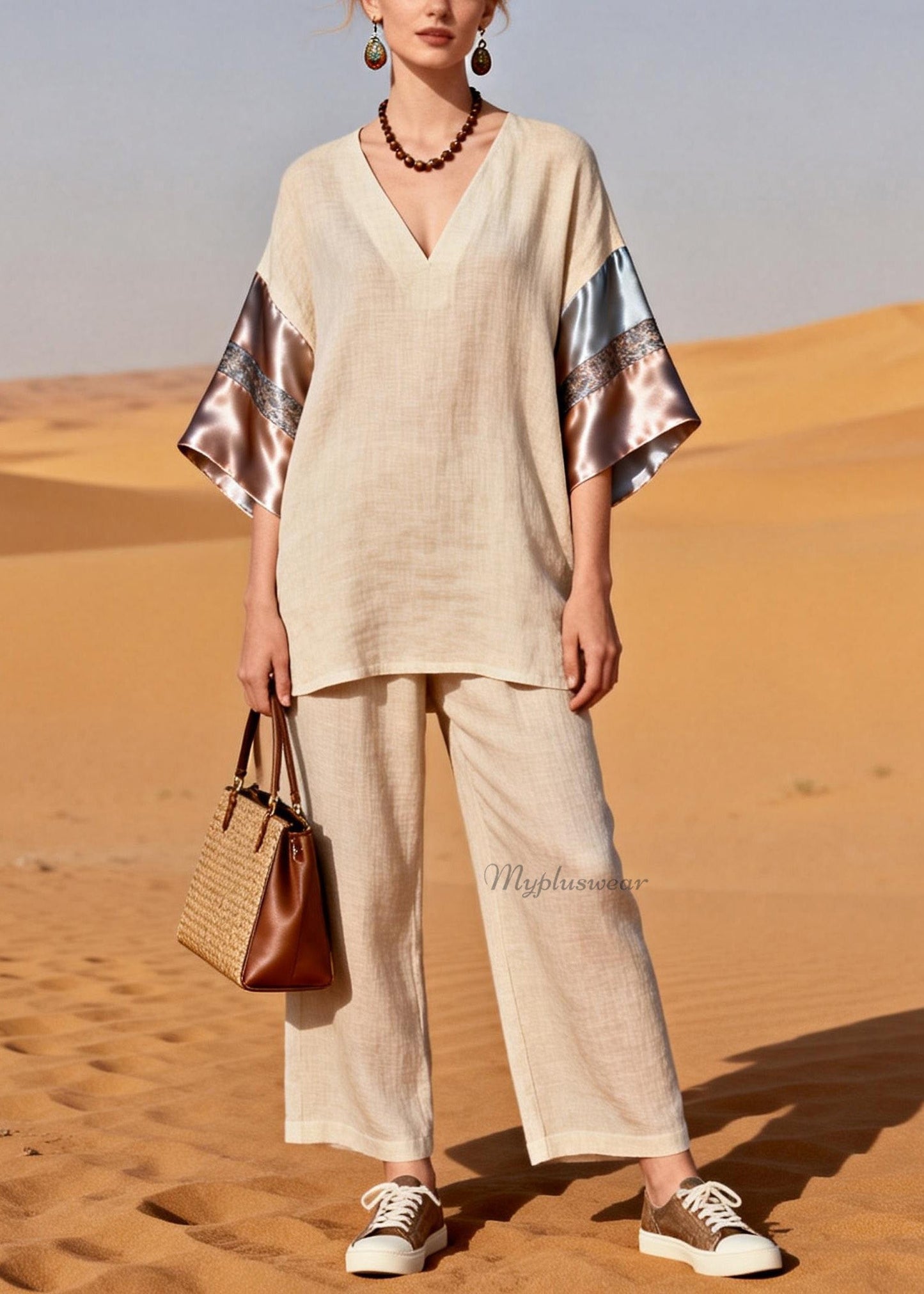 V Neck Patchwork Linen Silk Sets 2 Pieces Summer