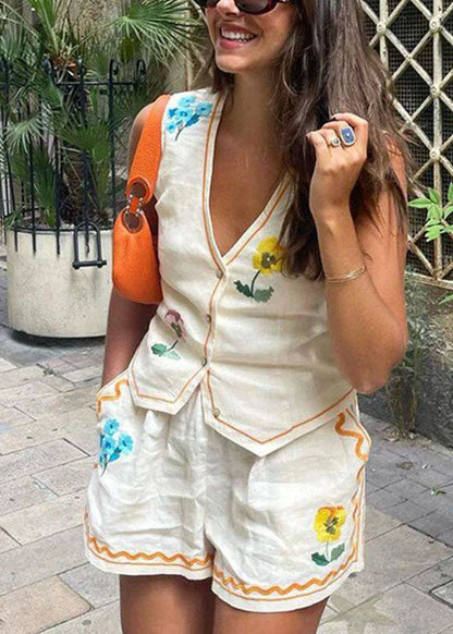 V Neck Print Pockets Cotton Two Pieces Set Summer