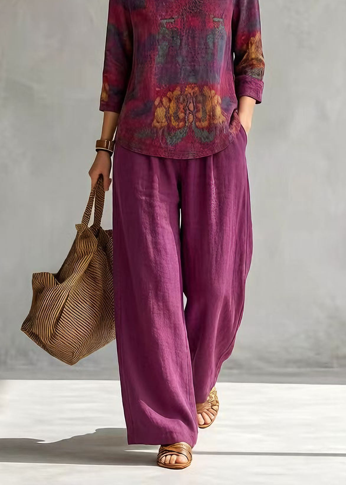 V Neck Print Top and Pants Cotton Two-piece Set Summer