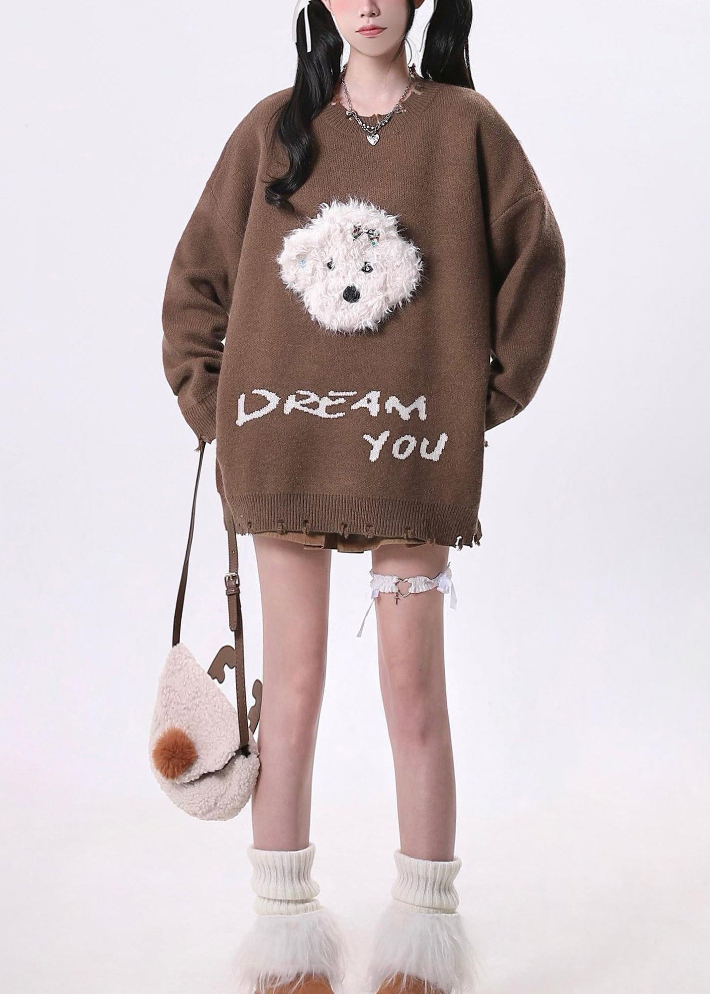 Versatile Coffee O Neck Ripped Knit Sweater Tops Spring