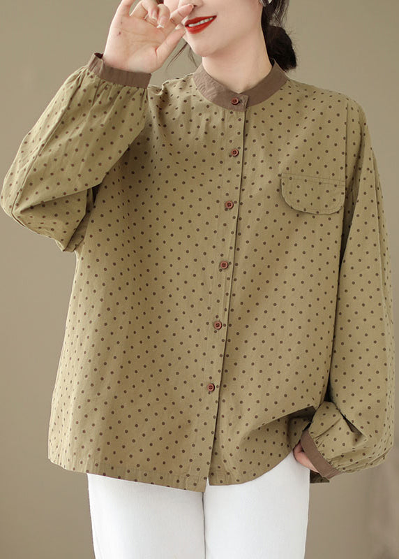 Versatile Green Dot Print Cotton Shirt Fall