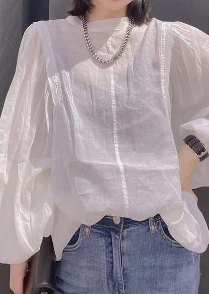 Versatile White O Neck Cotton Tops Lantern Sleeve