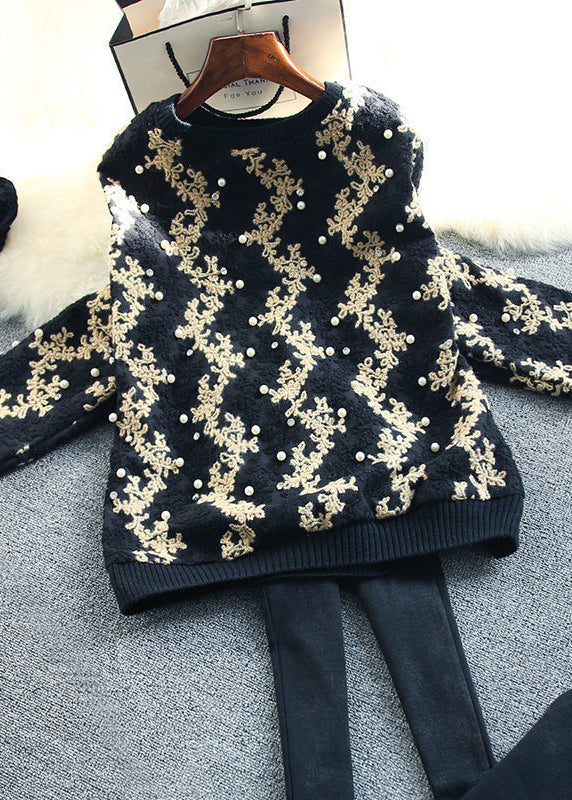 Vertical Striped O-neck Patchwork Nail Bead Woolen Sweatshirts Long Sleeve