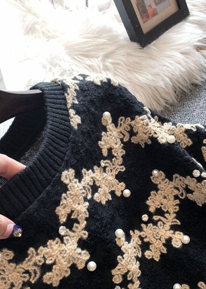 Vertical Striped O-neck Patchwork Nail Bead Woolen Sweatshirts Long Sleeve