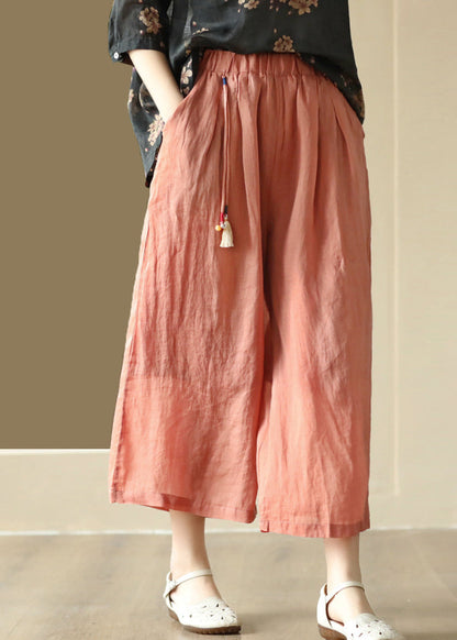 Orange Tasseled Elastic Waist Linen Wide Leg Pants Summer