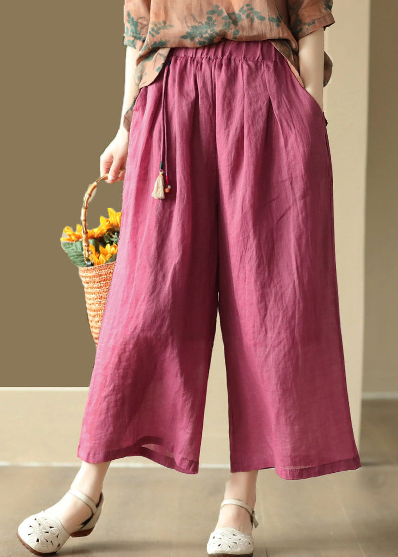 Orange Tasseled Elastic Waist Linen Wide Leg Pants Summer