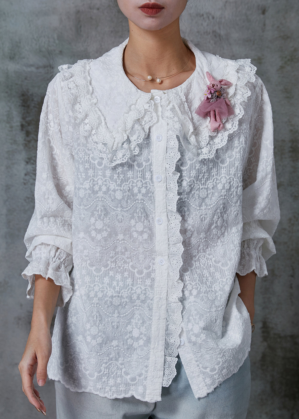White Double-layer Embroidered Cotton Blouse Top Spring