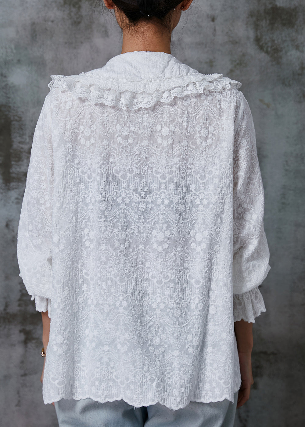 White Double-layer Embroidered Cotton Blouse Top Spring