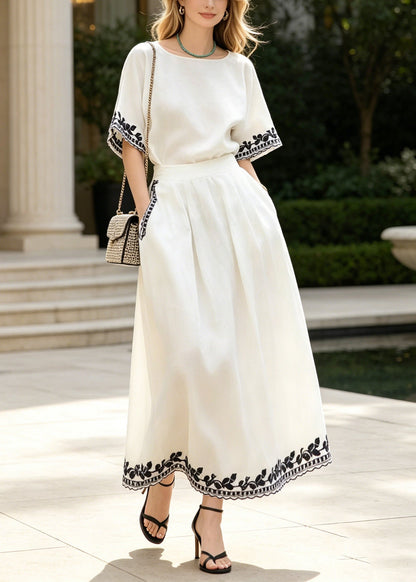White Embroidered Linen Two Piece Set Summer