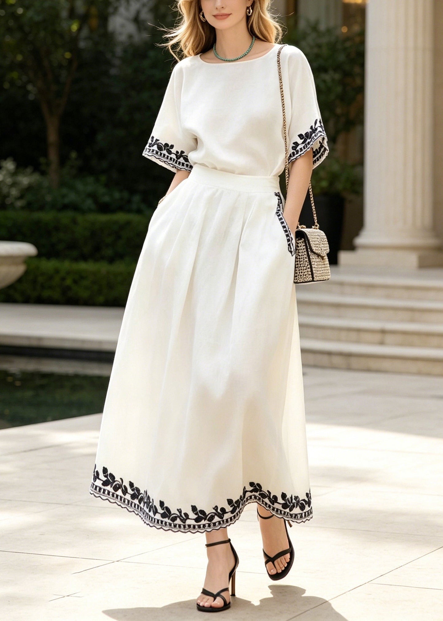 White Embroidered Linen Two Piece Set Summer