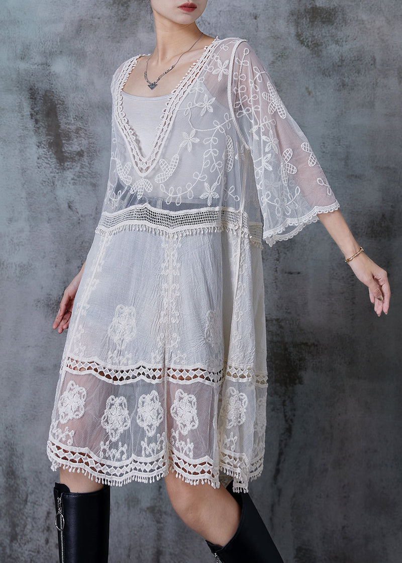 White Embroidered Patchwork Tulle Dresses Summer
