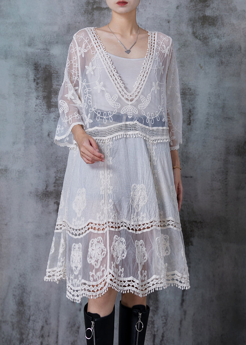 White Embroidered Patchwork Tulle Dresses Summer