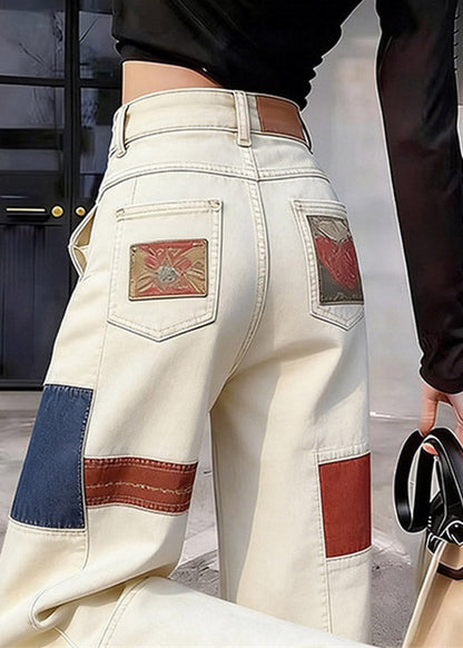 White High Waist Pockets Print Straight Jeans Summer