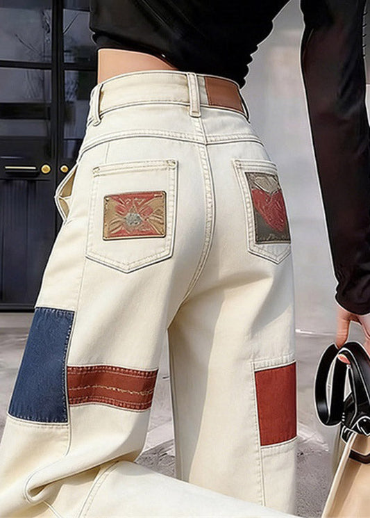 White High Waist Pockets Print Straight Jeans Summer