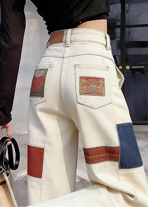 White High Waist Pockets Print Straight Jeans Summer