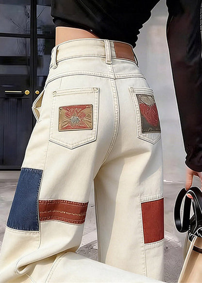 White High Waist Pockets Print Straight Jeans Summer