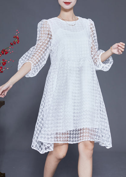 White Hollow Out Exra Large Hem Tulle Maxi Dress Puff Sleeve
