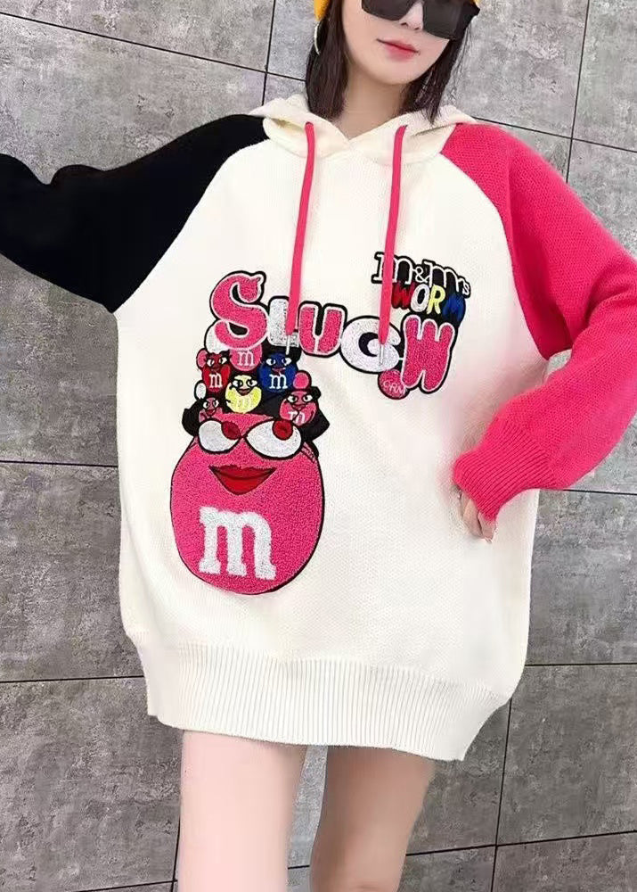 White Hooded Cartoon Print Knit Top Spring