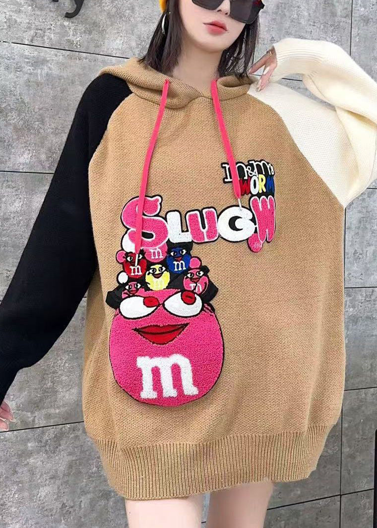 White Hooded Cartoon Print Knit Top Spring