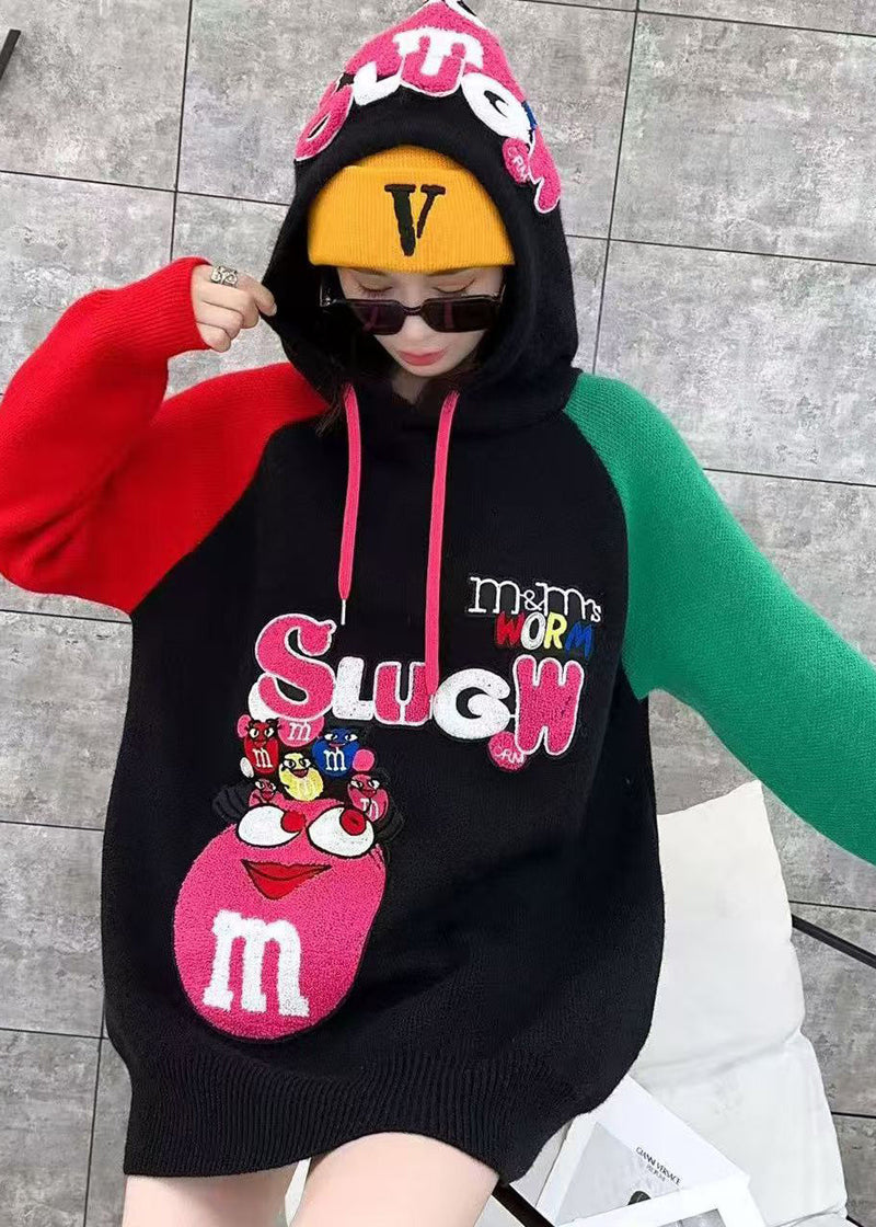 White Hooded Cartoon Print Knit Top Spring