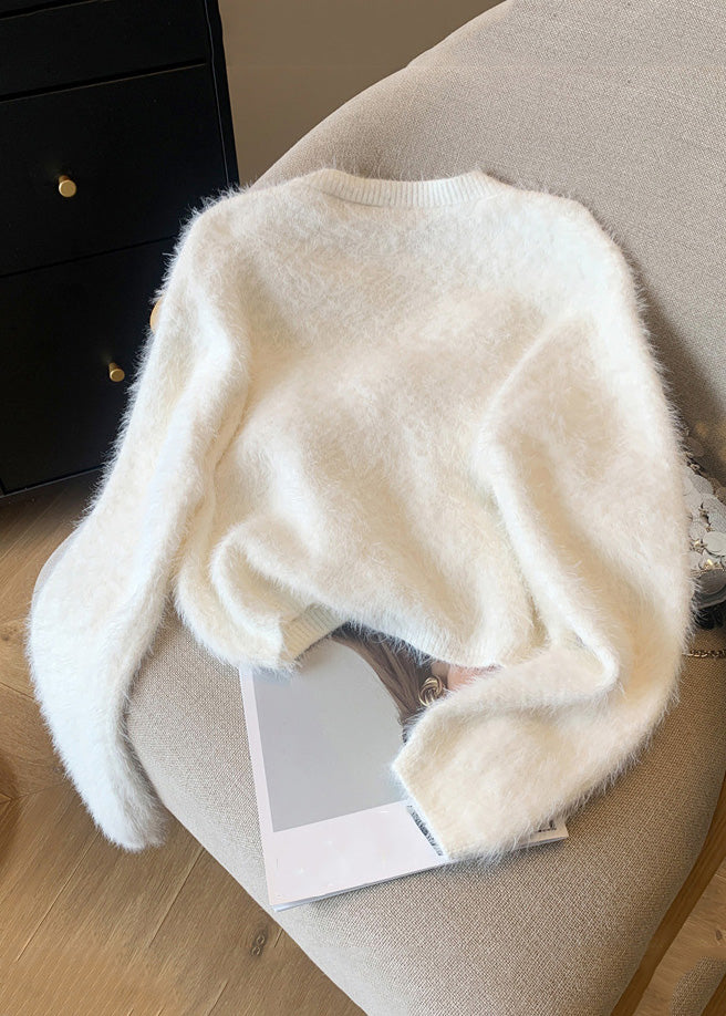 White O-neck Mink Hair Knitted Sweaters Spring