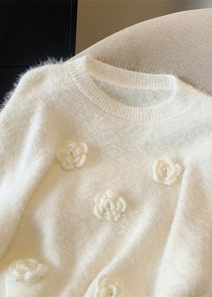 White O-neck Mink Hair Knitted Sweaters Spring