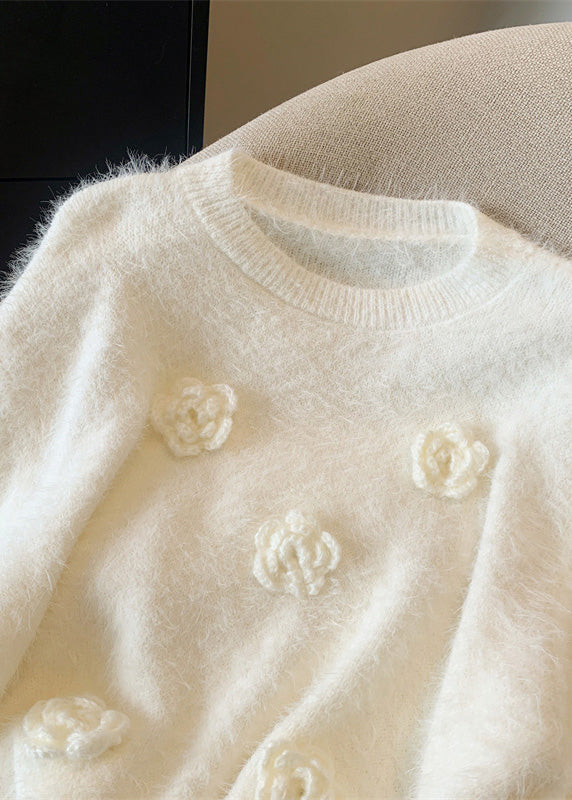 White O-neck Mink Hair Knitted Sweaters Spring