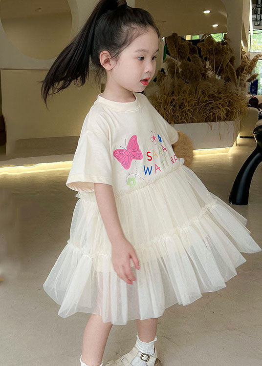 White O Neck Ruffled Patchwork Tulle Kids Dresses Summer