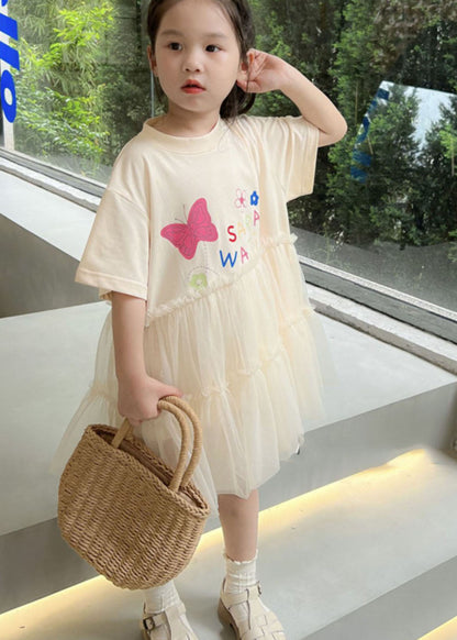 White O Neck Ruffled Patchwork Tulle Kids Dresses Summer