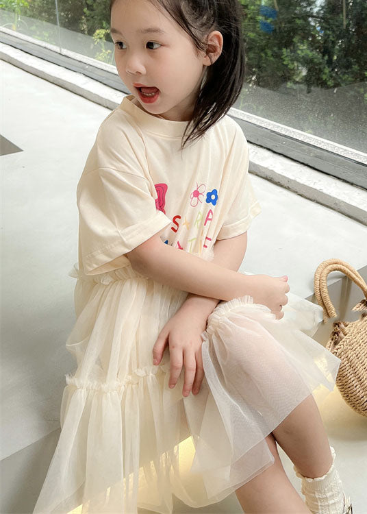 White O Neck Ruffled Patchwork Tulle Kids Dresses Summer