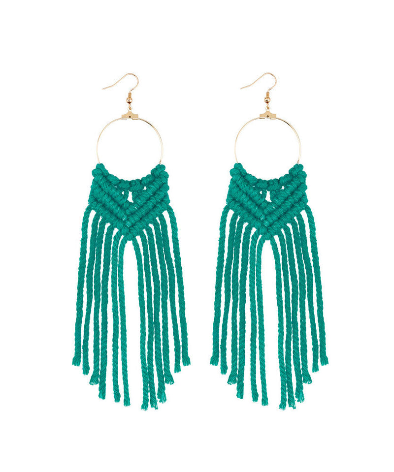 White Overgild Hand Knitting Cotton Thread Tassel Drop Earrings