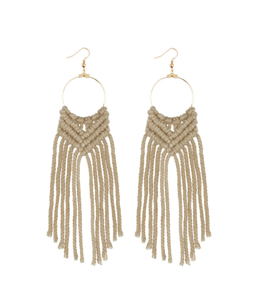 White Overgild Hand Knitting Cotton Thread Tassel Drop Earrings