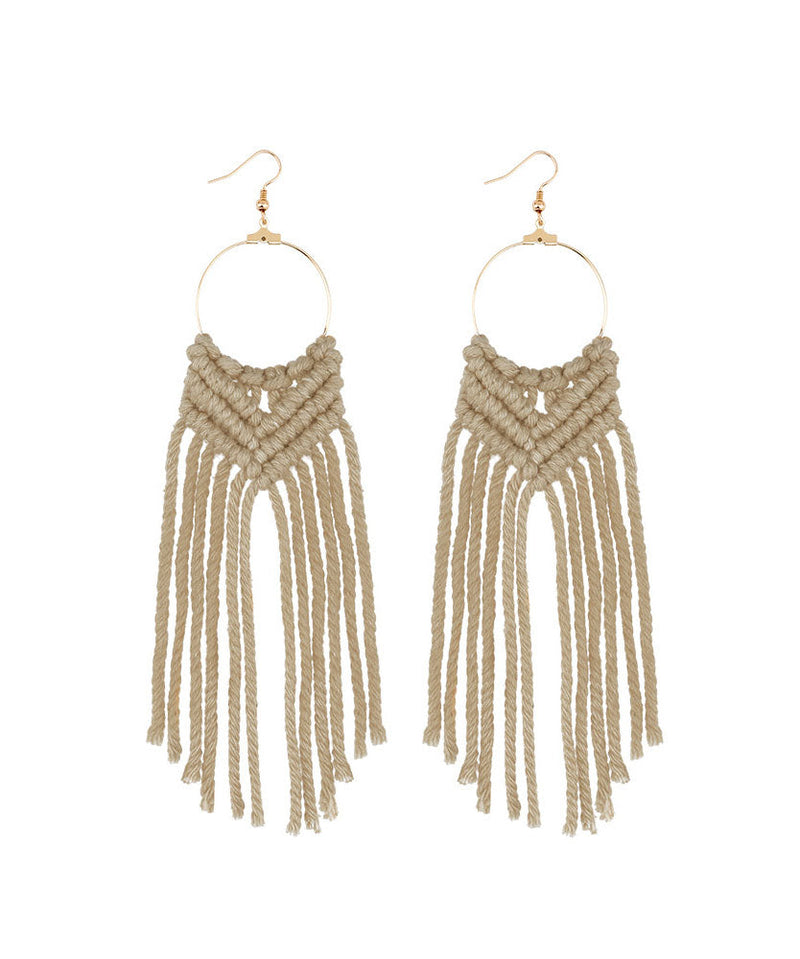 White Overgild Hand Knitting Cotton Thread Tassel Drop Earrings