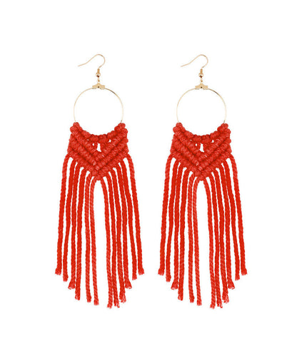 White Overgild Hand Knitting Cotton Thread Tassel Drop Earrings